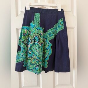 Lilly Pulitzer Navy Skater Skirt with Green & Turquoise Paisley Print